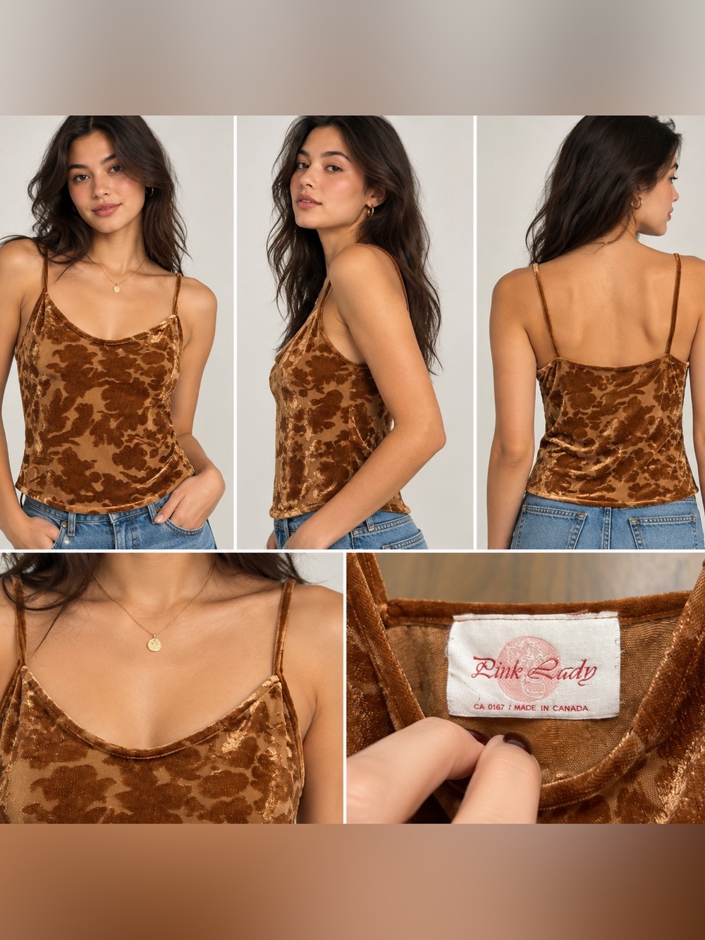 Vintage Velvet Burnout Cami Tank Top - Brown